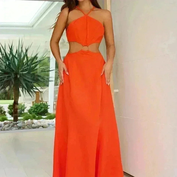 Burnt Orange Boho Women's Backless Hollow-Out Solid Color Sleeveless Dress - Picture 1 of 6